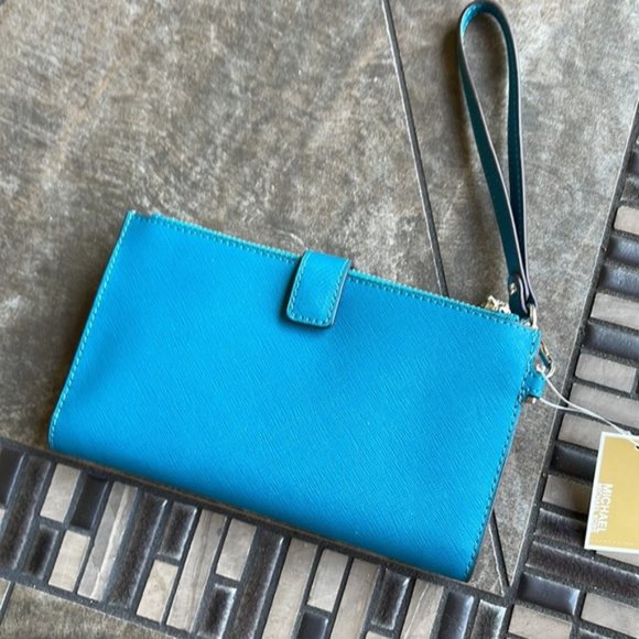 Michael Kors Large Double Zip Leather Wallet Wristlet Phone Case Lagoon - Picture 4 of 16